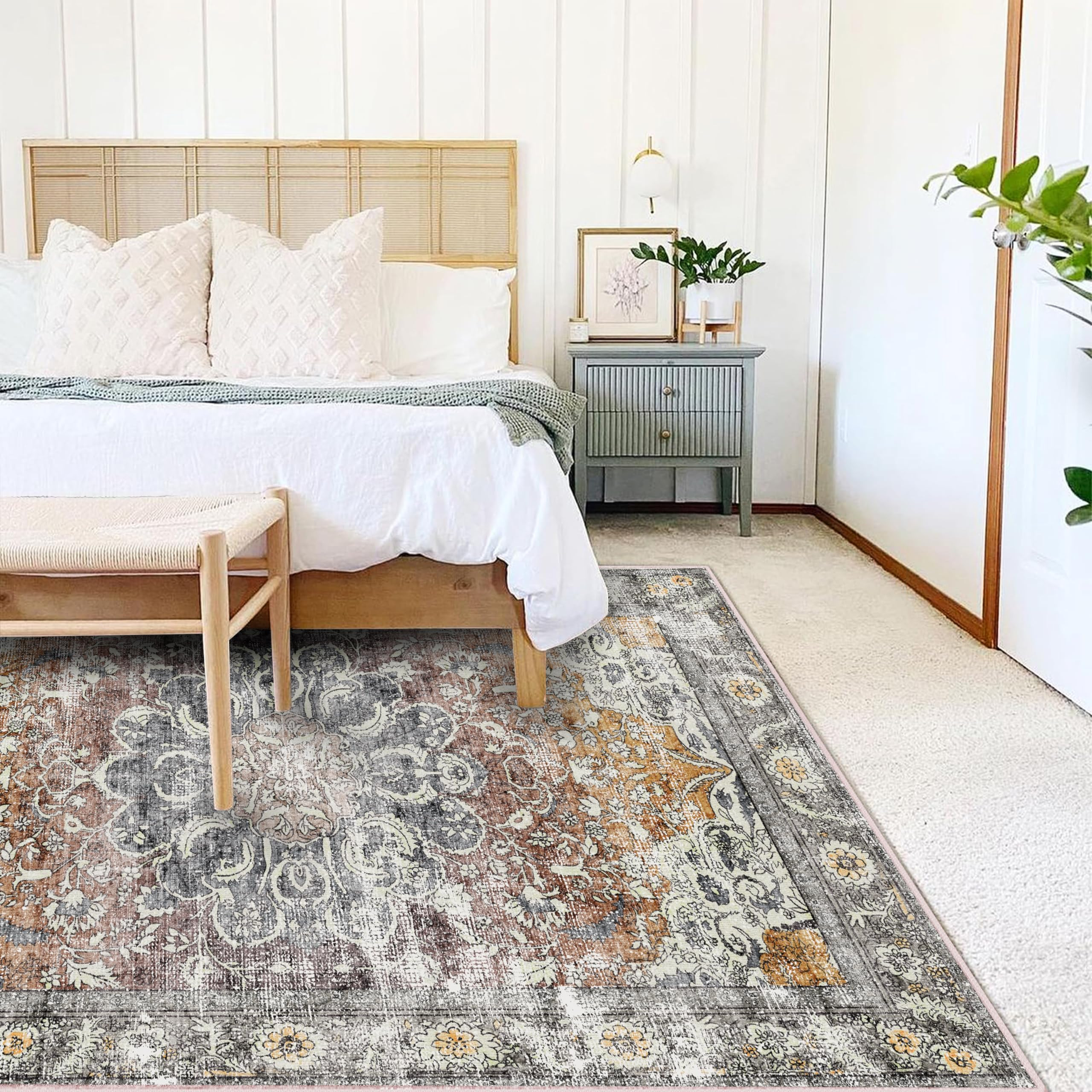 Area Rug 8x10 Washable Rug Taupe Vintage Traditional Mat Distressed Indoor Foldable Thin Retro Ac... | Amazon (US)