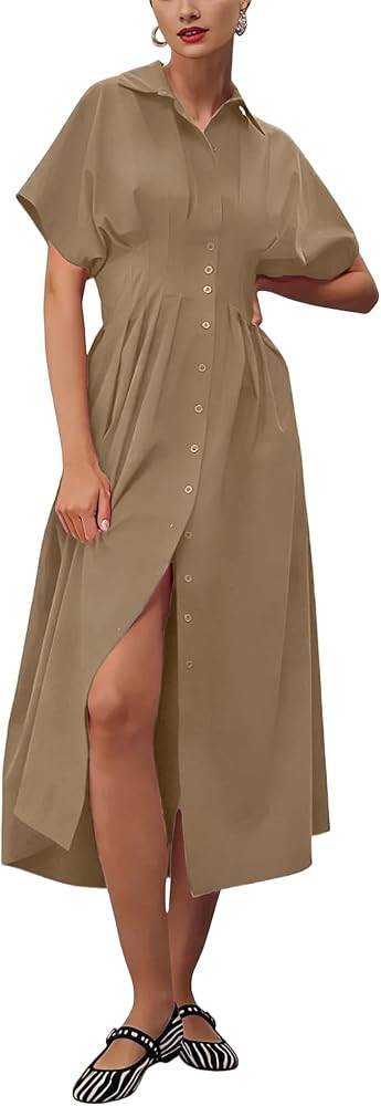 Yeokou Shirt Dress for Women Summer Casual Short Sleeve Button Down Loose Pleated Maxi Sundress w... | Amazon (US)
