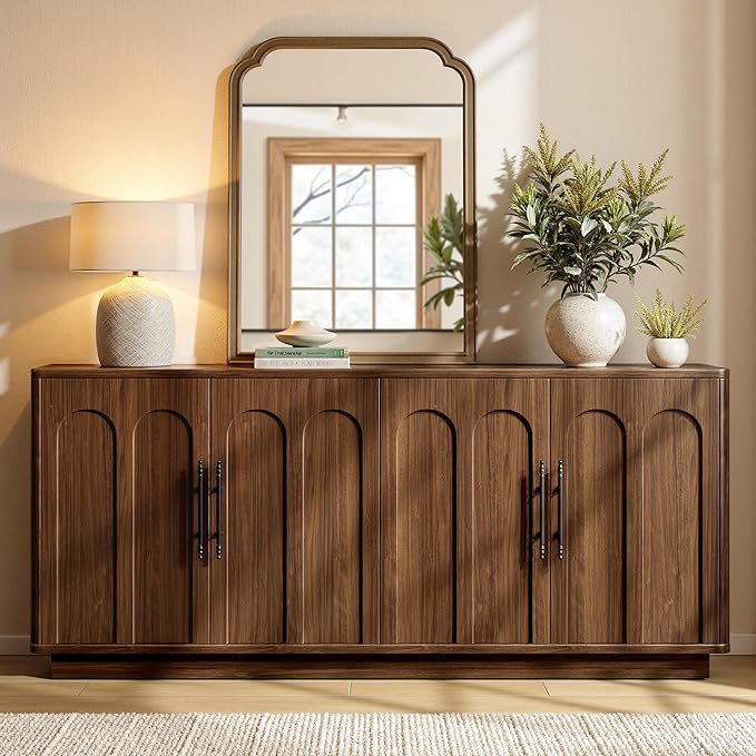 Evermagin 67" Arched Walnut Buffet Cabinet with Storage, Large Credenza with 4 Doors, Wood Mid Ce... | Amazon (US)