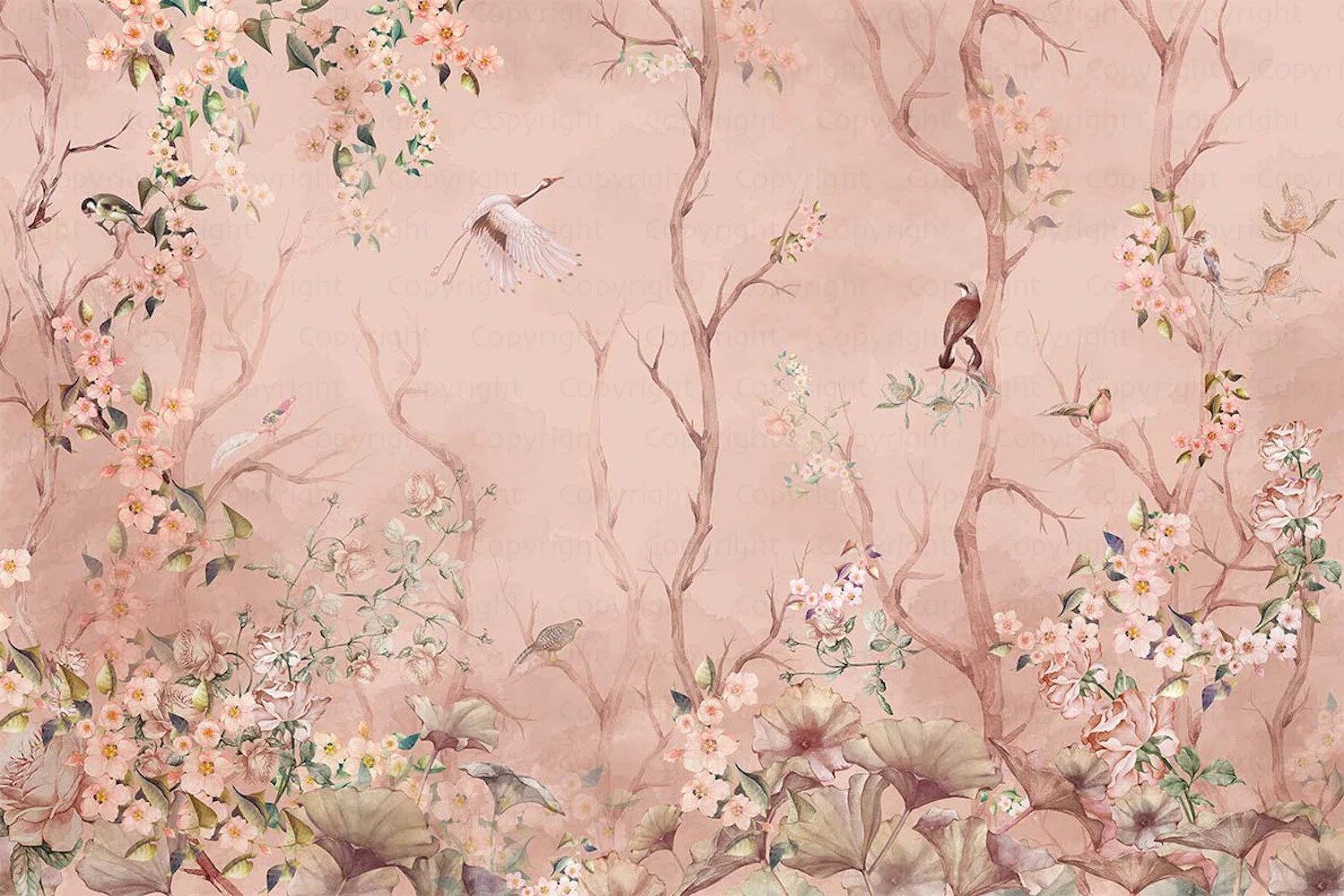 Cherry Blossom And Birds Wallpaper Mural Pastel Floral Serenity | Wayfair North America