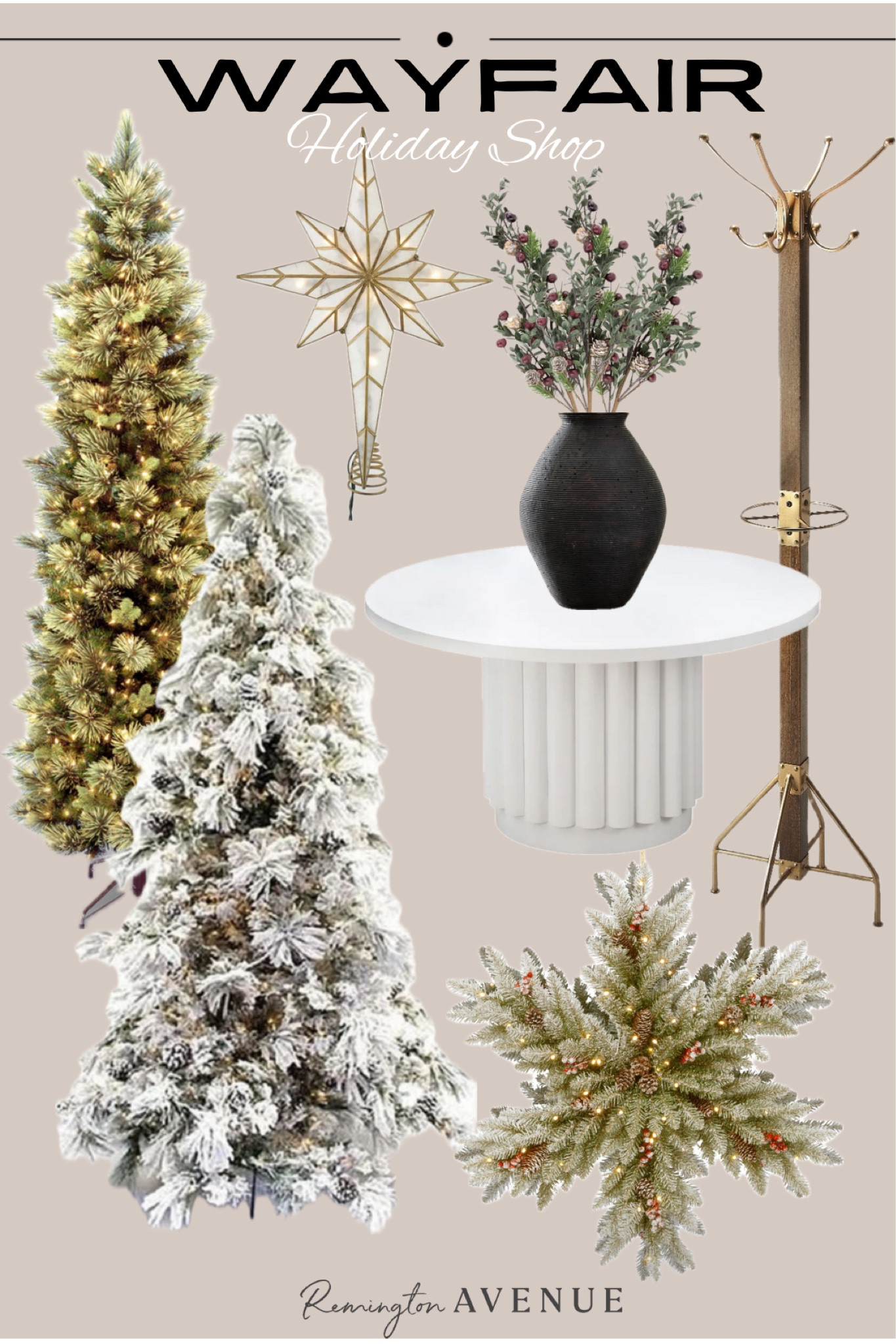 Shop all things Holiday @wayfair. Gorgeous flocked tree, slim pre-lit pencil tree that comes in multiple heights, pine snowflake wreath, coat rack, entry way table, decorative vase, holiday faux stems. 

#wayfairpartner #onlyatwayfair
#wayfair

#LTKHoliday #LTKHome #LTKSaleAlert