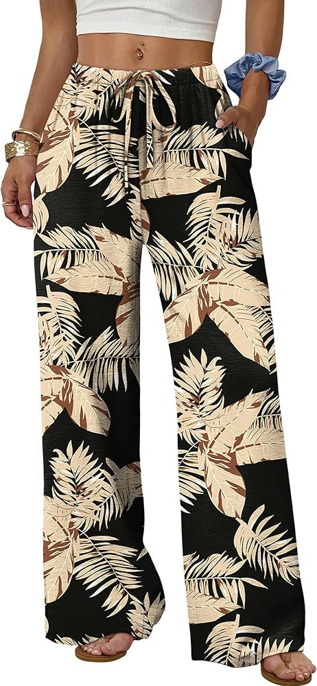 Sampeel Wide Leg Pants for Women Flowy Palazzo Drawstring Elastic Waist Trousers with Pockets Sum... | Amazon (US)