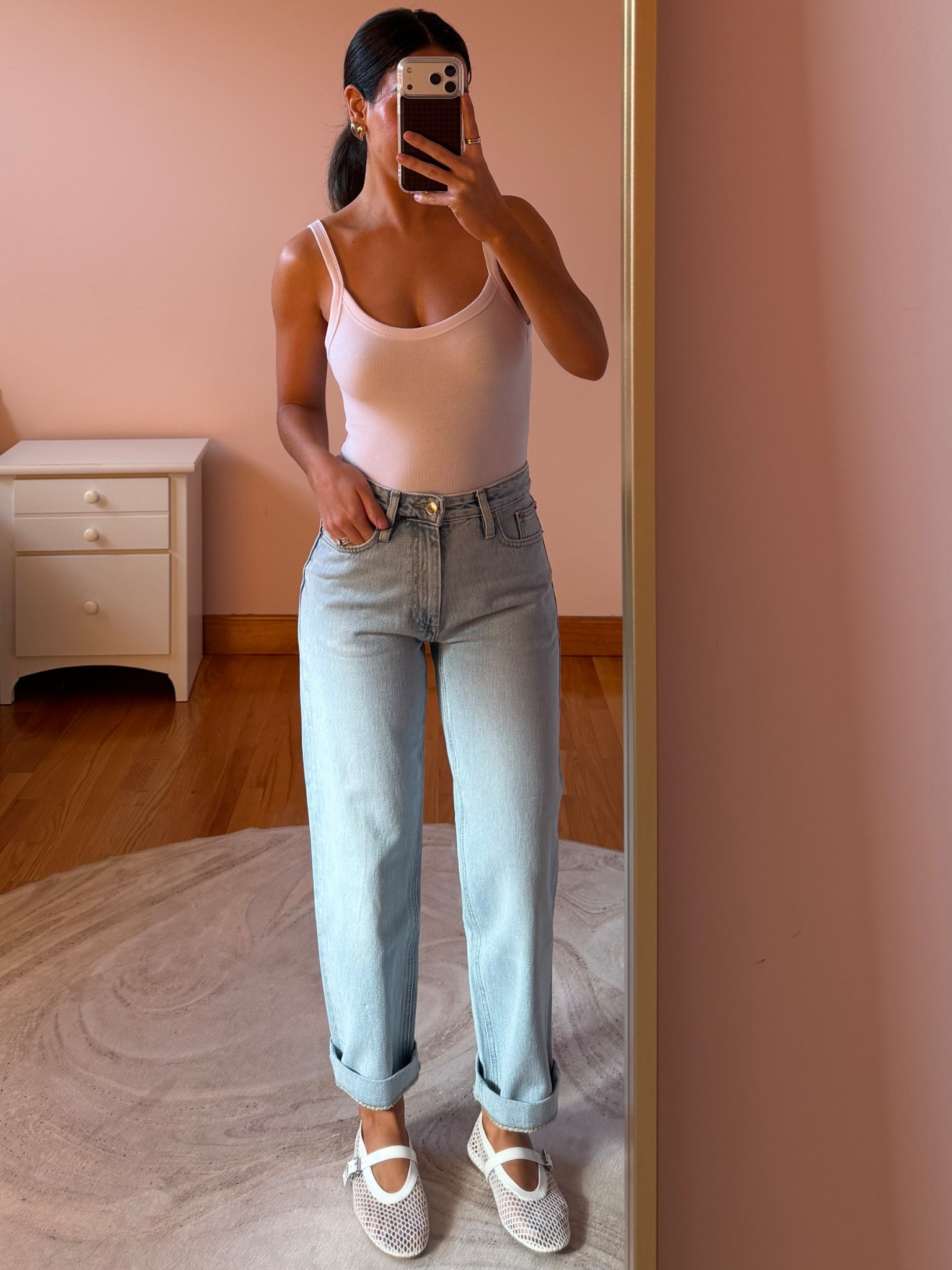 Sometimes the best things in your closet are the basics 🤌🏼 size small in bodysuit and size 26 in jeans (jeans are snug, so I’d consider going up one size!), mesh flats fit TTS 

#LTKPetite #LTKootd