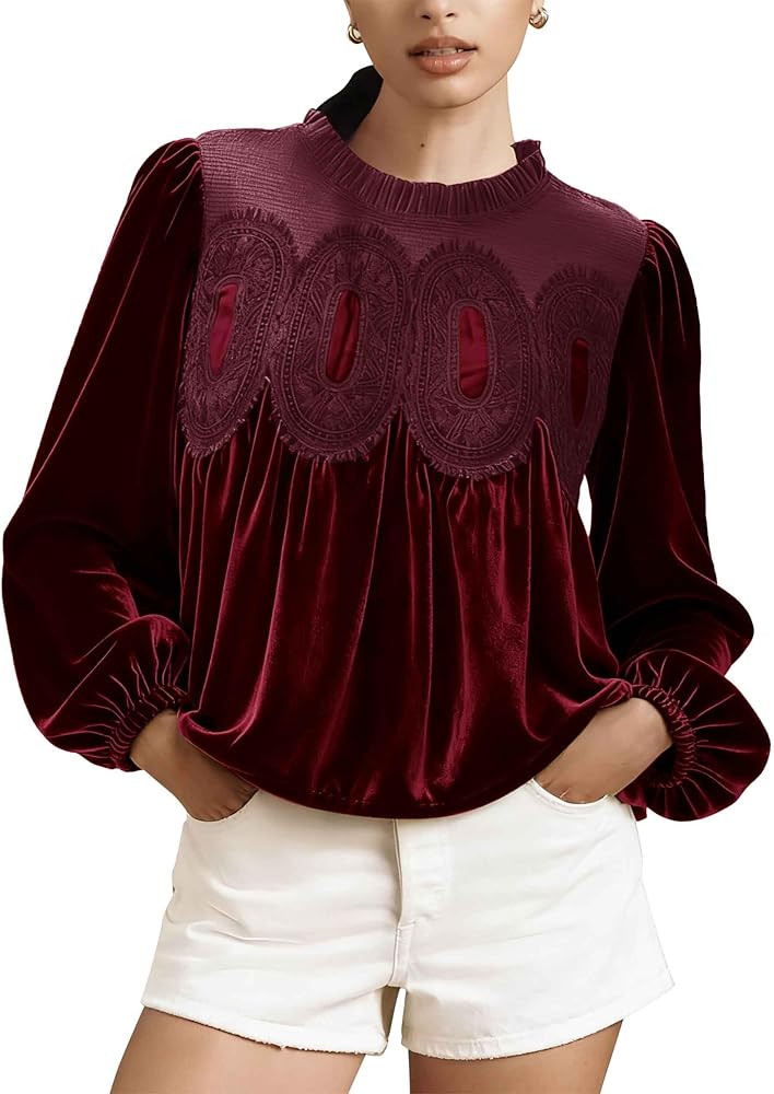Women Lace Mesh Velvet Blouse Puff Long Sleeve Babydoll Shirt Crew Neck Ruffle Hem Patchwork Pepl... | Amazon (US)
