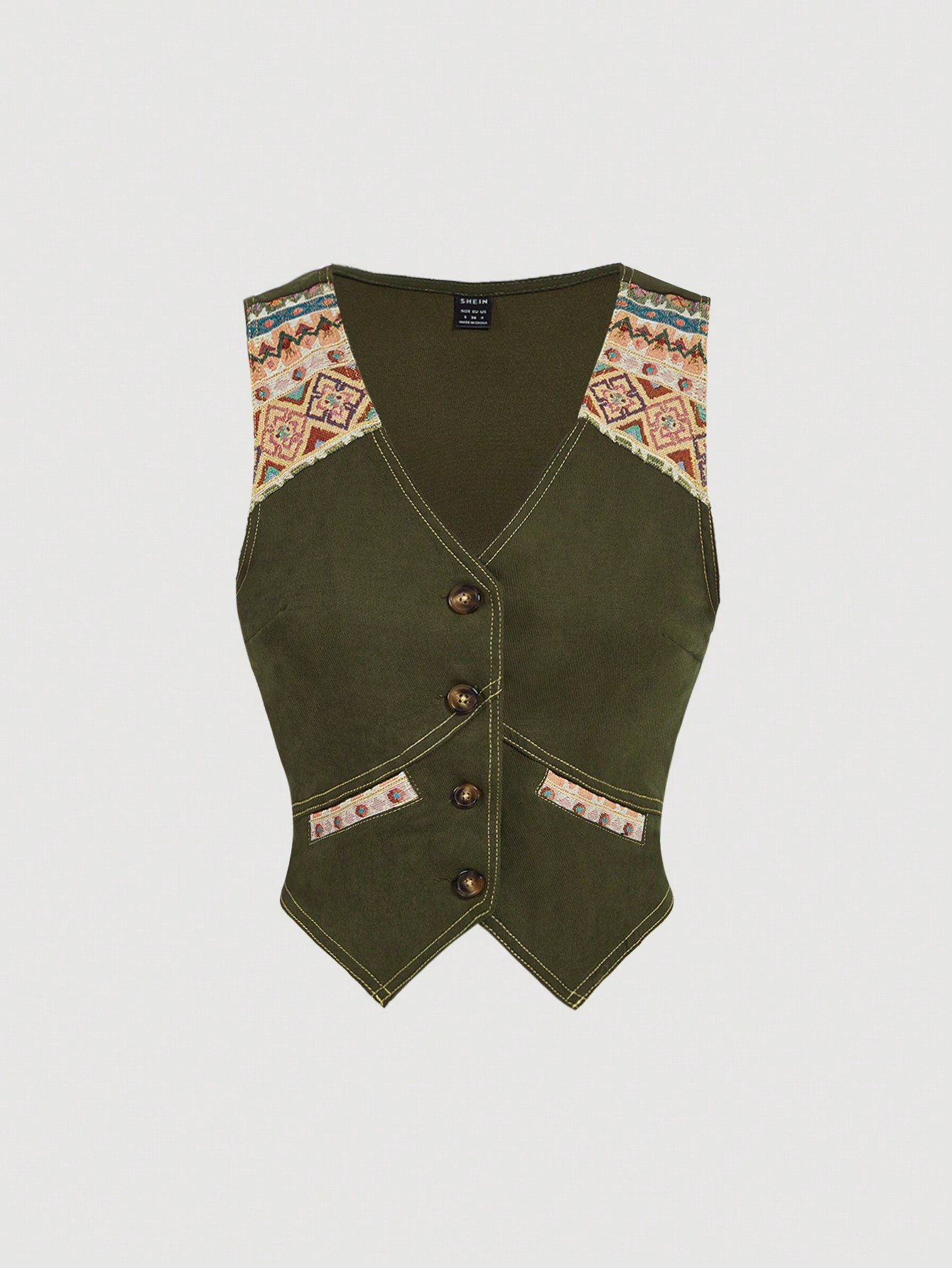 SHEIN MOD Vintage Pattern Stitching Distressed Texture Waisted Design Khaki Women's Vest | SHEIN ... | SHEIN