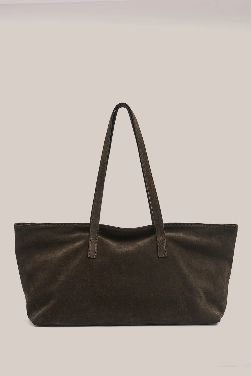 Mia Dark Chocolate Suede East West Slouchy Tote | VESTIRSI