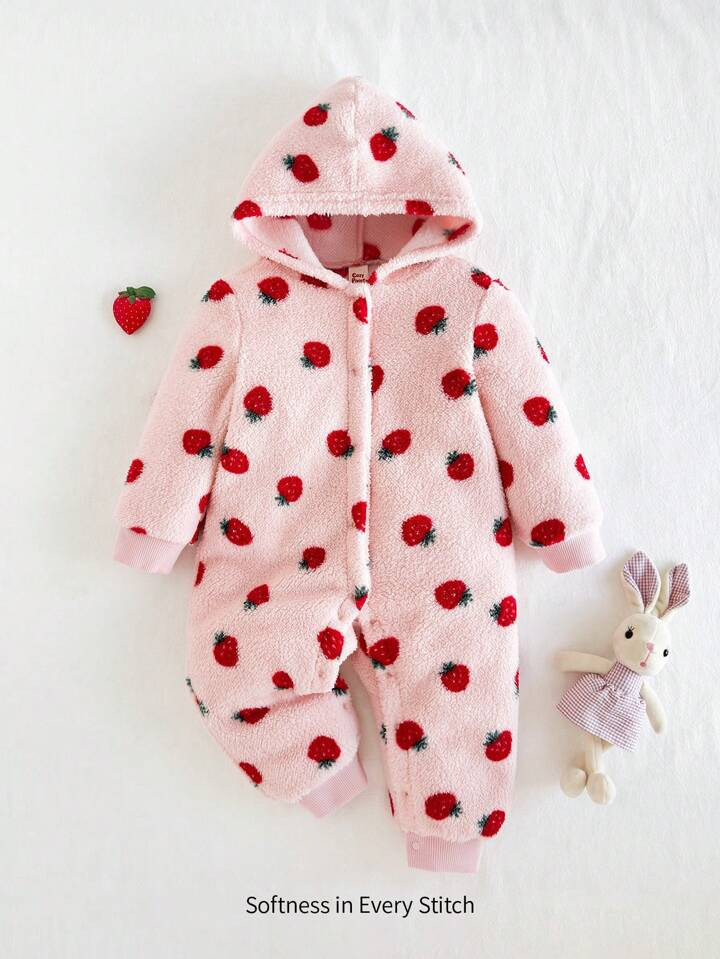 Cozy Pixies Baby Girl Strawberry Pattern Fleece Hooded Jumpsuit With Long Pants | SHEIN