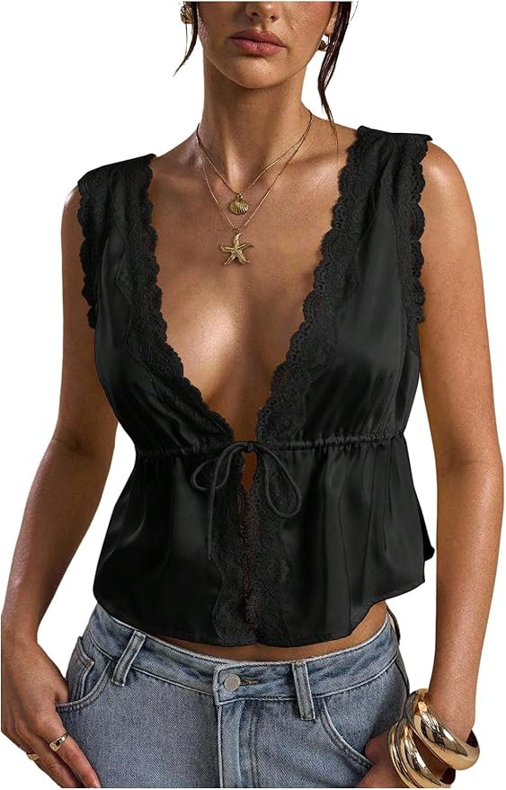 Women's Tie Front Deep V Neck Peplum Tops Lace Trim Sleeveless Satin Crop Tank Top | Amazon (US)