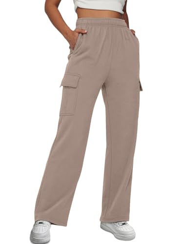 AUTOMET Womens Cargo Sweatpants Baggy Fleece High Waisted Joggers Sweat Pants Athletic Drawstring Casual Wide Leg Loose Fit Fall Pants with Pockets 2025 CoffeeGrey S | Amazon (US)