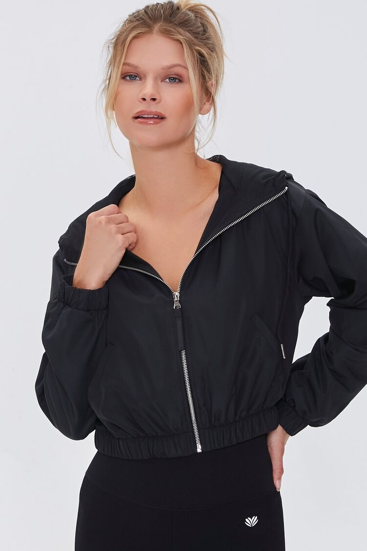 Women's Active Zip-Up Hooded Windbreaker in Black, XS | Forever 21