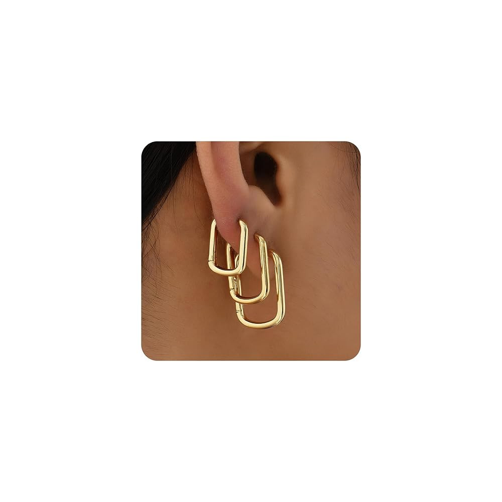 Sloong 3pairs Hoop Earrings Set 14K Gold Plated Lightweight Hypoallergenic Chunky Square Star Hea... | Amazon (US)