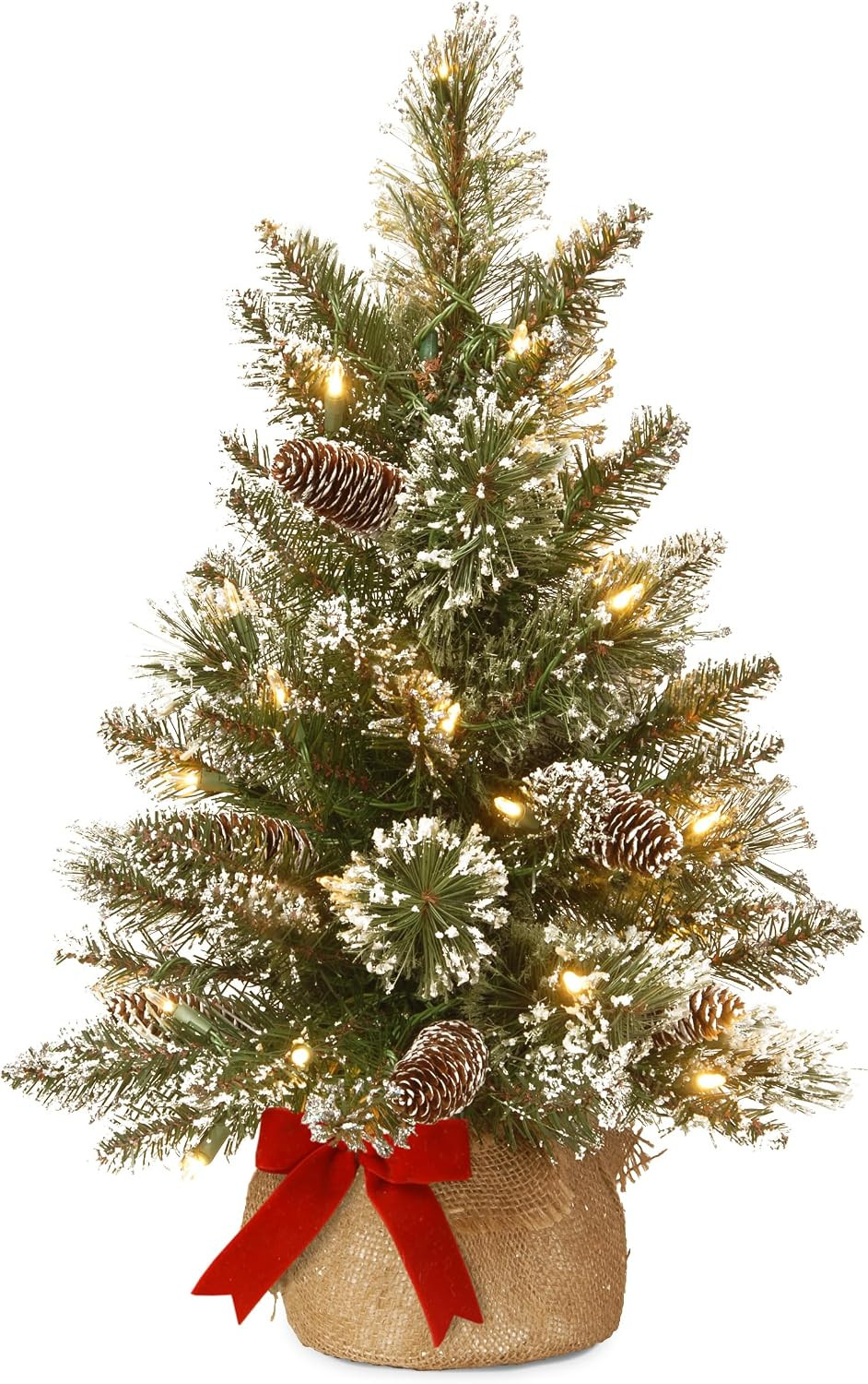 National Tree Company Pre-lit Artificial Mini Christmas Tree | Includes Small LED Lights, White Tipped, Glitter Branches Cones and Cloth Bag Base | Glittery Bristle Pine-2, 2 Foot, Green | Amazon (US)