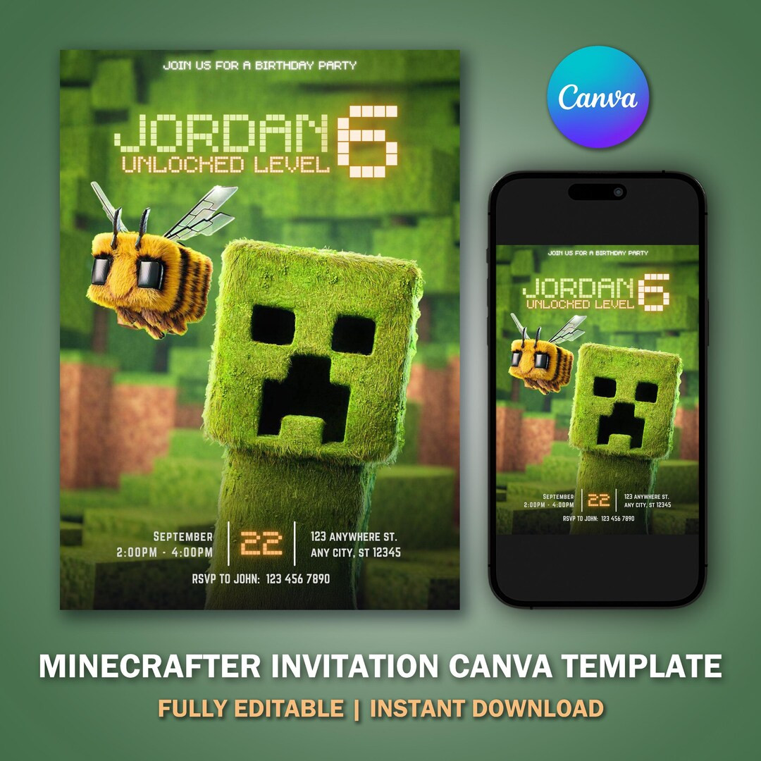 Minecrafter Invitation Template V5 for Birthday Party | Editable Printable Digital Invitation | C... | Etsy (US)