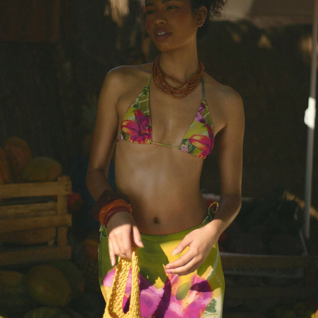 Musera Resort Top De Bikini Triangle Halter Bohème Mignon Et Sexy Avec Imprimé Floral Et De Fruits. Tenue De Vacances Ibiza, Plage D'été. Graphique Féminin Pastel | SHEIN