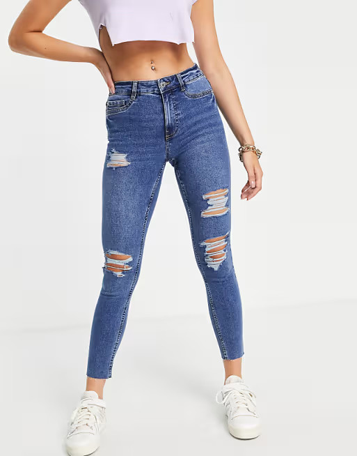 New Look high waist ripped jeans in blue | ASOS (Global)