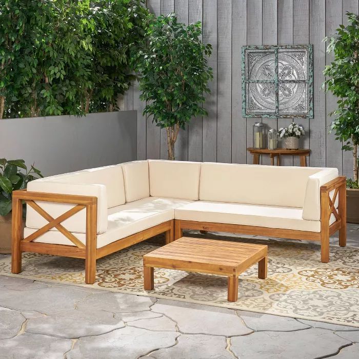 Brava 4pc Wood Patio Chat Set w/ Cushions - Christopher Knight Home | Target