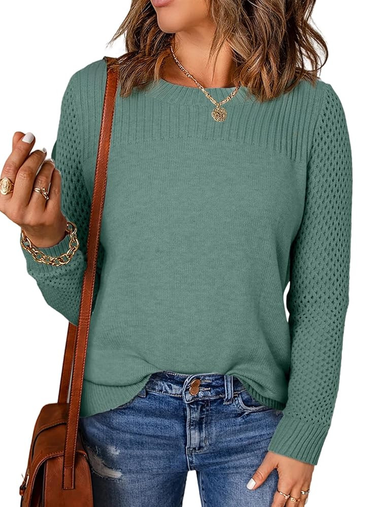 EVALESS Womens Sweaters Casual Long Sleeve Crewneck Cable Knit Lightweight Oversized Crochet Swea... | Amazon (US)