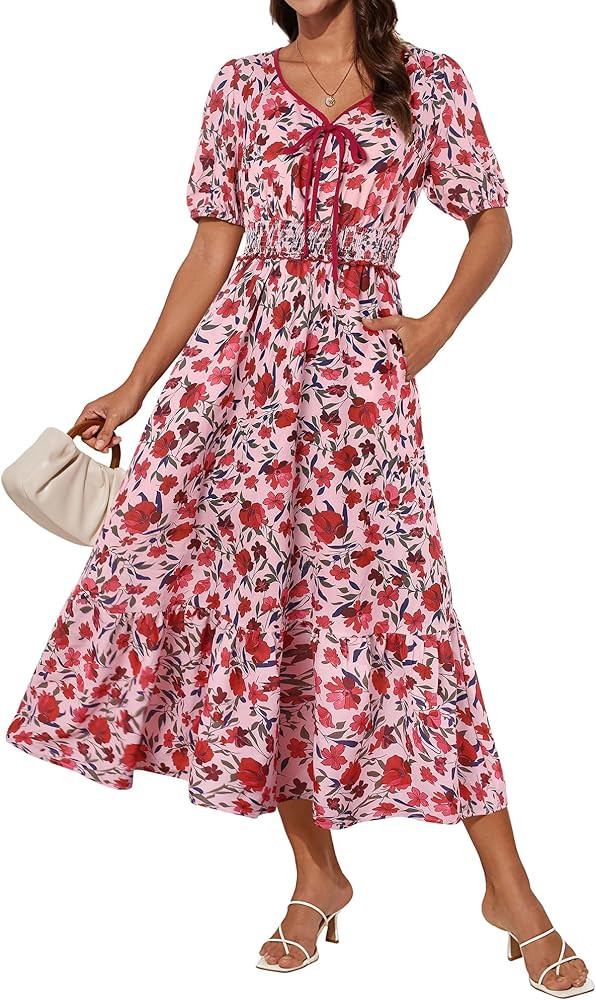 GRACE KARIN Damen Elegant Midi Blumenkleid Kurzarm V-Ausschnitt Elastischer Taille Sommerkleid | Amazon (DE)