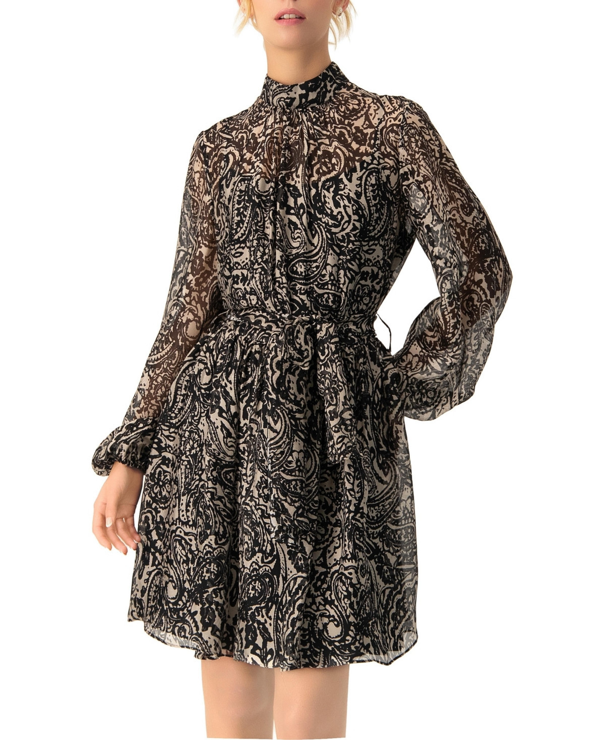 Ivonne Women's Paisley Printed Short Dress with Waist Tie - Black | Macy's