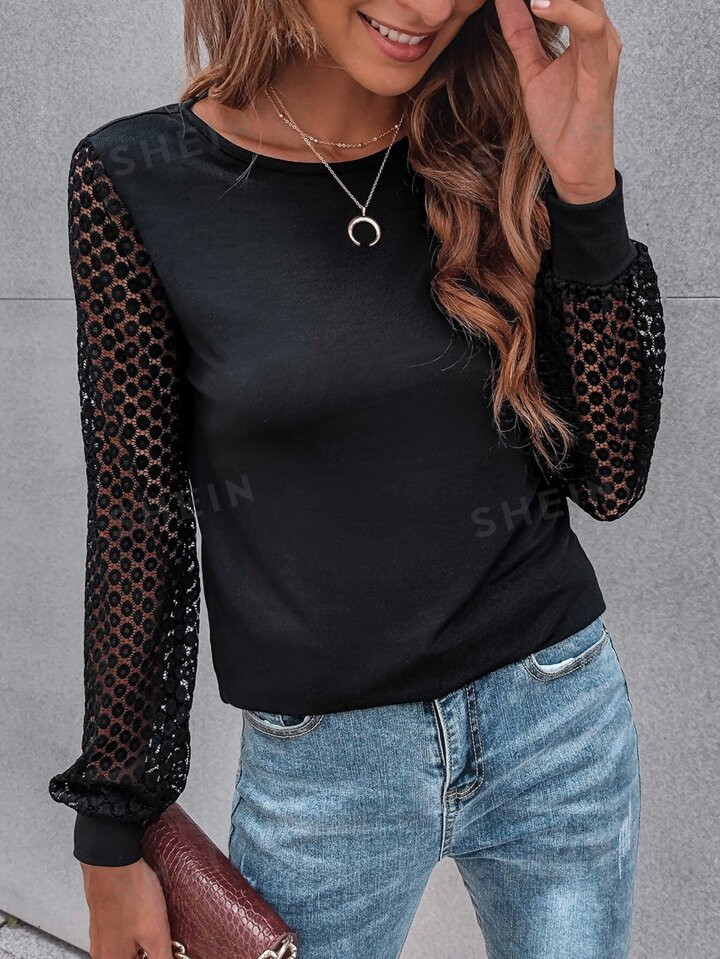 SHEIN LUNE Contrast Guipure Lace Bishop Sleeve Tee | SHEIN