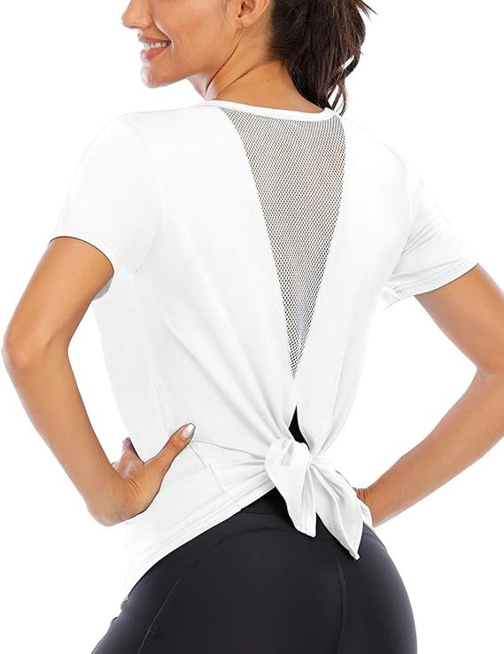 Fihapyli Workout Tops for Women Tie Back Yoga Tops for Women Mesh Muscle Tank Short Sleeve Workou... | Amazon (US)