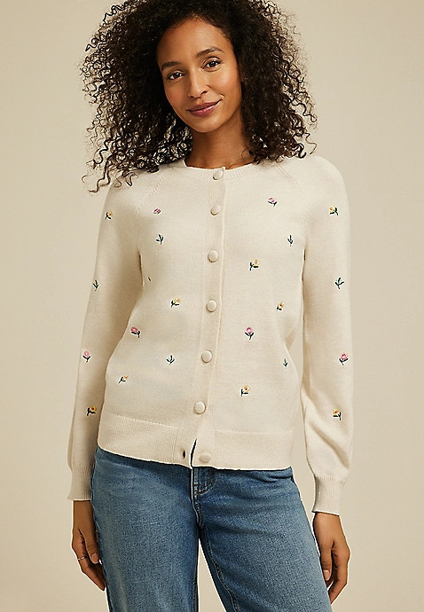 Floral Embroidered Button Front Cardigan | Maurices