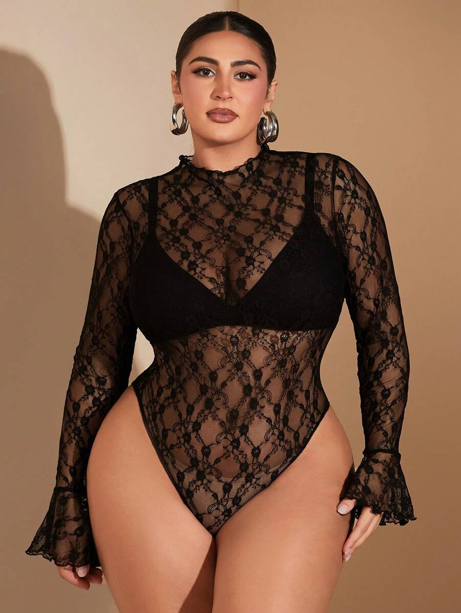 SHEIN BAE Plus Size Curve Women Elegant Party Sexy Sweet See-Through Black Lace Ruffle Cuff Bodys... | SHEIN