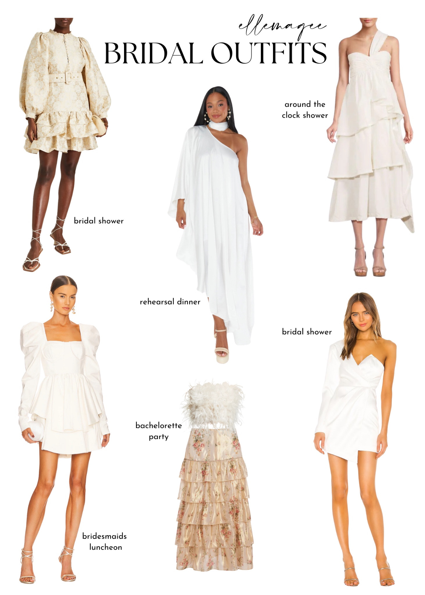 All of my bridal outfits 🫶🏻

#bride #theoutnet #showmeyourmumu #revolve #selkie #loveshackfancy #bachelorette #bridalshower #rehersaldinner #whitedress #mididress #minidress #white 

#LTKstyletip #LTKparties #LTKwedding
