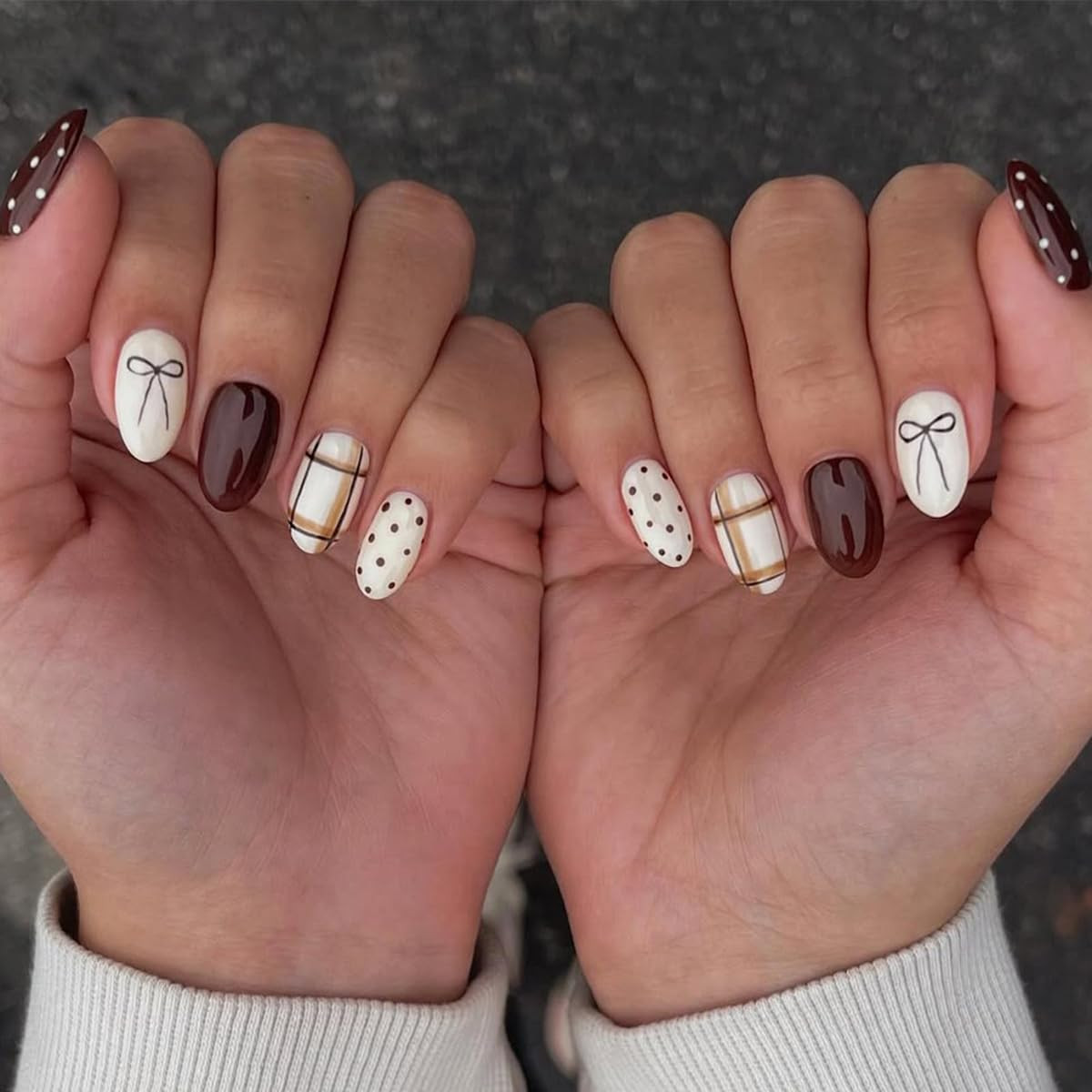 Fall Press on Nails Medium Oval Fake Nails 24Pcs | Polka Dot Bow Striped Designs, Reusable, Gloss... | Amazon (US)