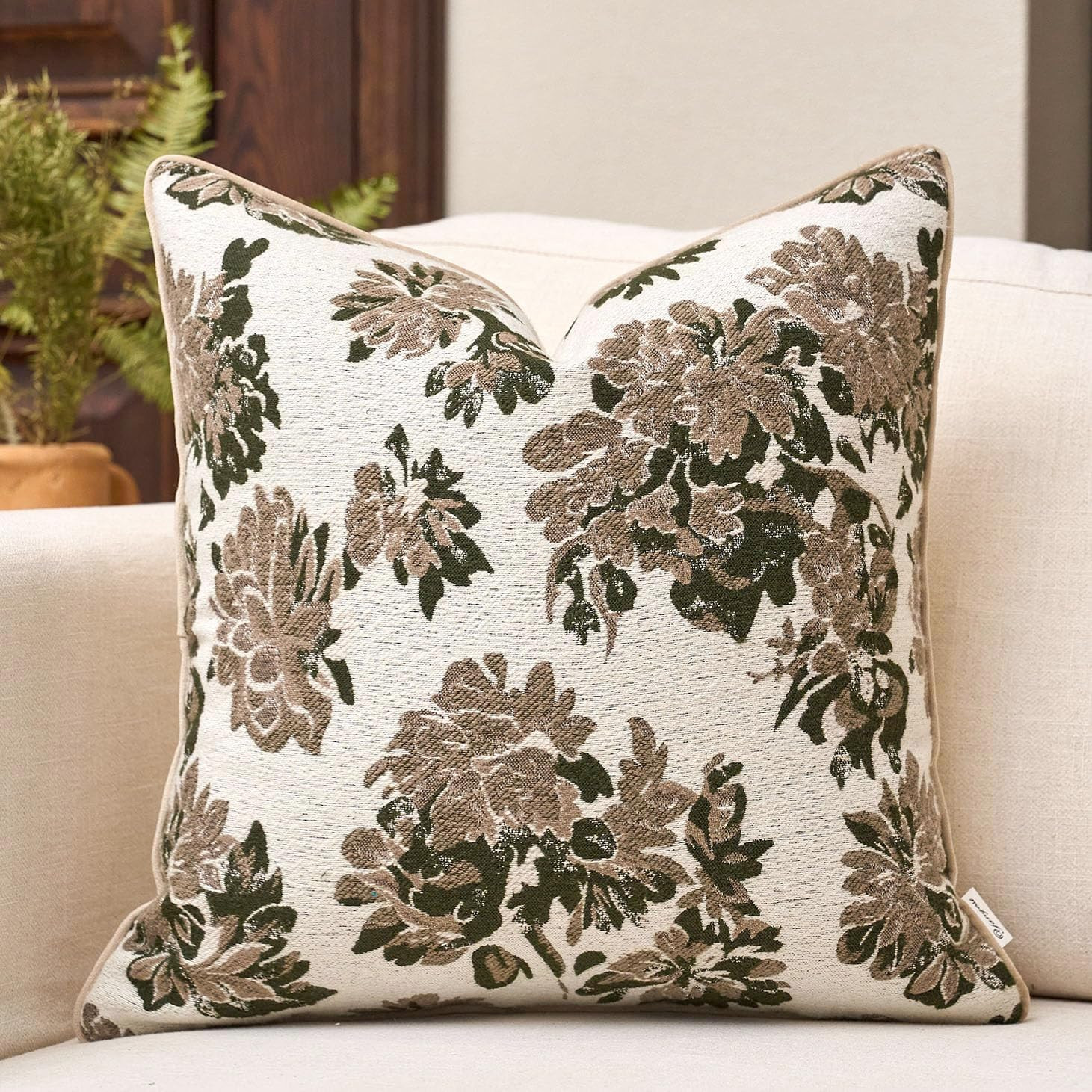 Green Floral Throw Pillow Cover 18x18 Fall Vintage Flower Pillow Cover Farmhouse Cushion Cover Neutral Summer Outdoor Chenille Pillowcase Home Decor for Couch Sofa Bedroom Living Room | Amazon (US)
