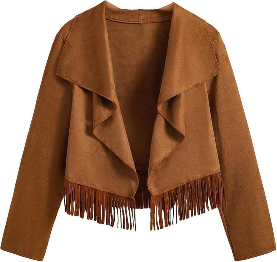 SweatyRocks Girl's Long Sleeve Collar Open Front Coat Asymmetrical Fringe Hem Jacket Tops | Amazon (US)