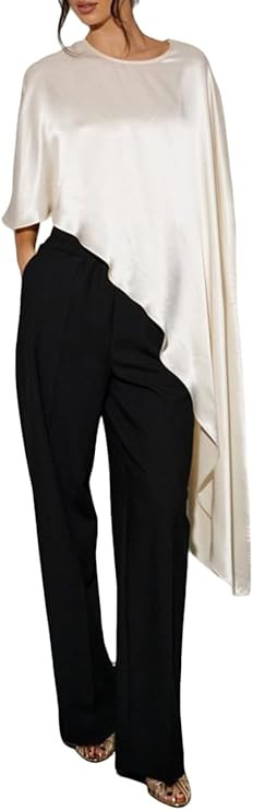Women Asymmetrical Hem Satin Silky Shawl Wraps Elegant Round Neck Dressy Cape Poncho Top Flowy Lo... | Amazon (US)