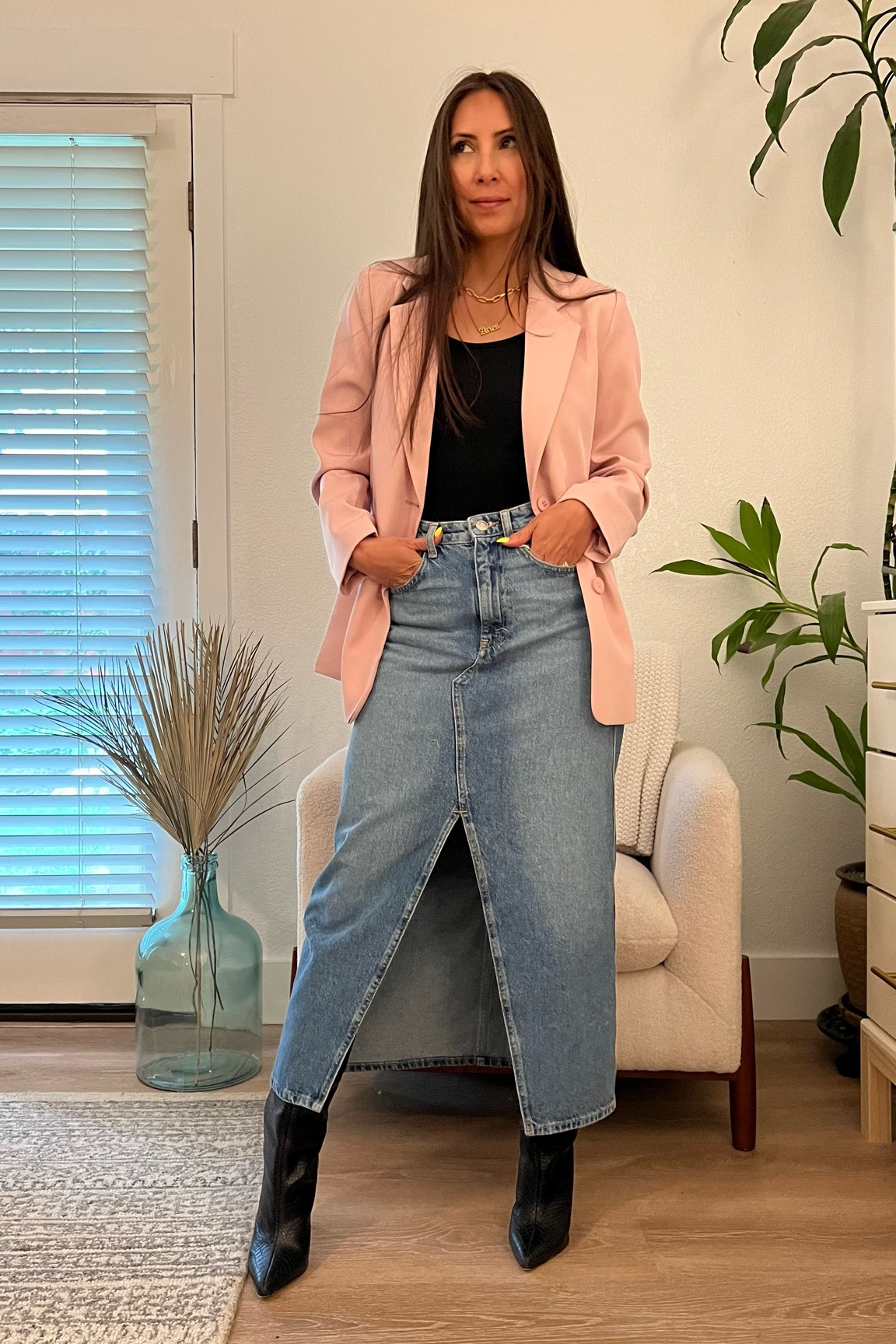 Denim skirt. Pink blazer. Black Knee high boots. Add to cart. 🫶🏼