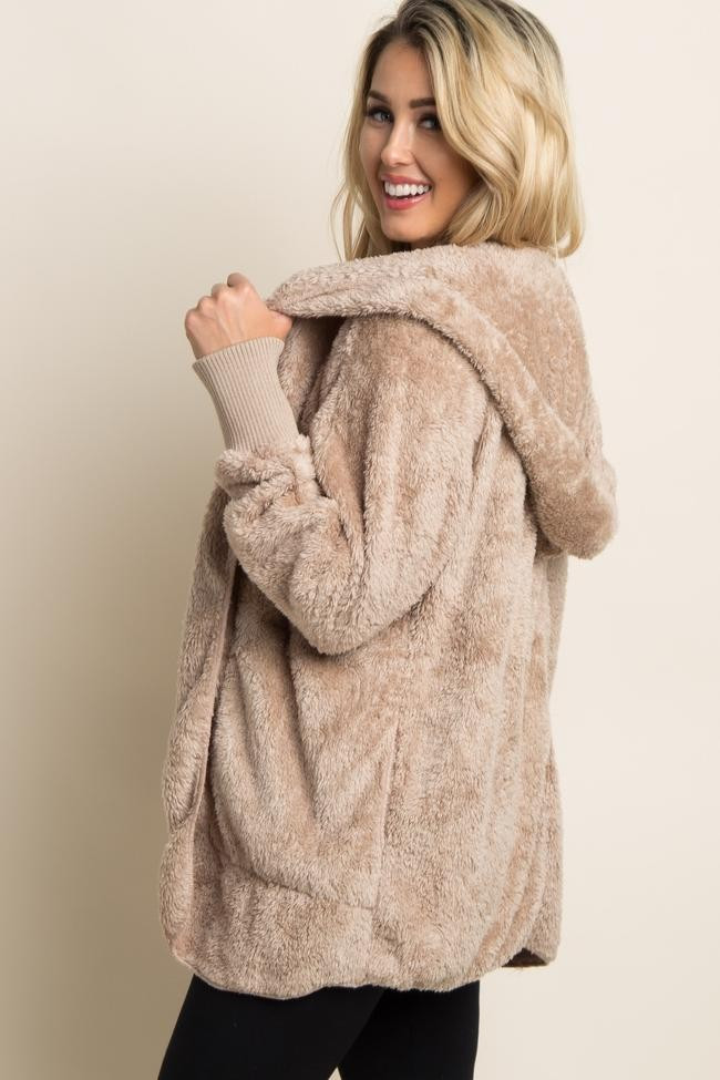 Taupe Fuzzy Hooded Long Sleeve Maternity Jacket | PinkBlush Maternity