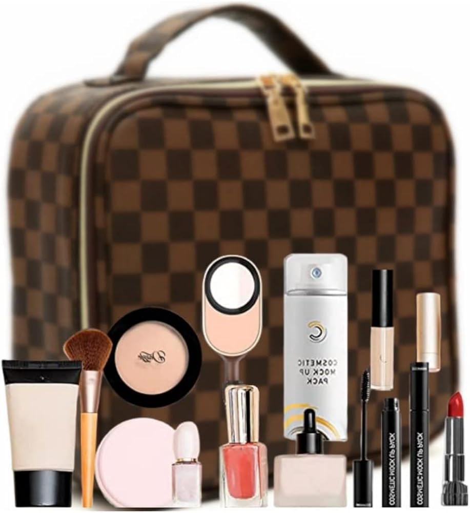 Cosmetic Travel Bag Checkered Makeup Bags For Women Hand-Portable PU Leather Waterproof Cosmetic ... | Amazon (US)