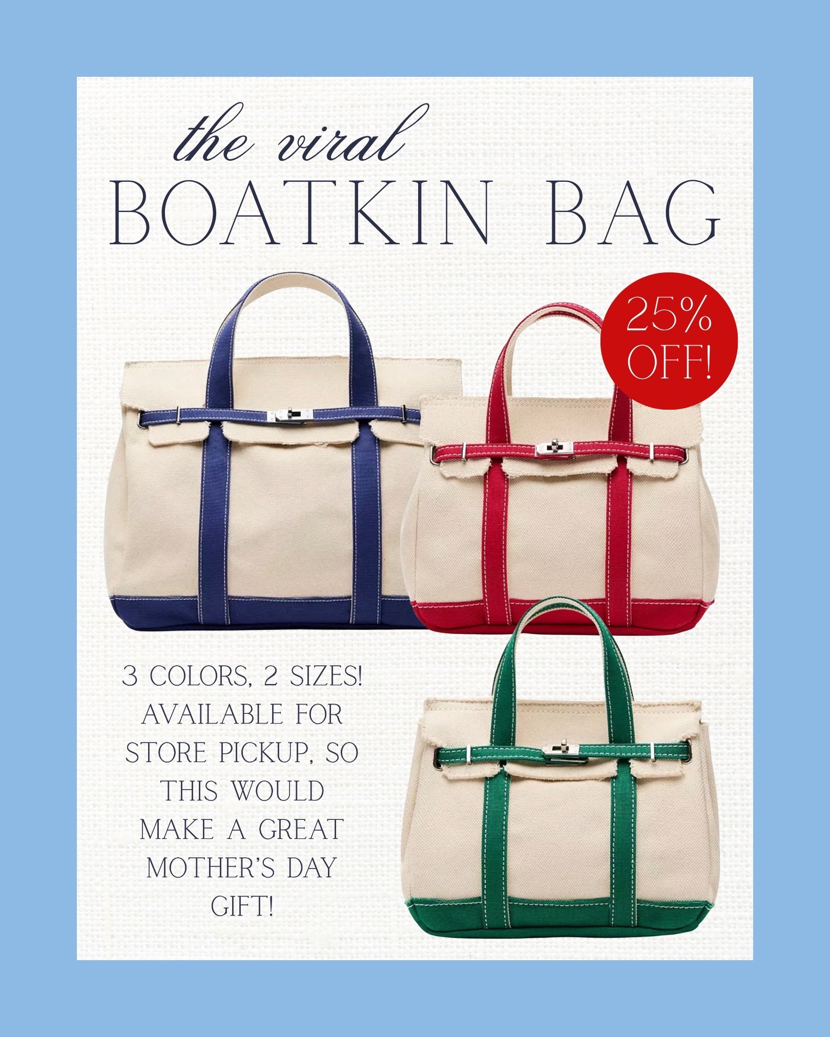 The viral Boatkin bag is finally back in stock 🚨✨ This designer-inspired tote has been all over TikTok, and I totally get the hype. It comes in 3 colors, 2 sizes, and would make such a good Mother’s Day gift—especially since it’s available for store pickup 🙌

boatkin bag, viral tiktok bag, tiktok made me buy it, designer inspired tote, hermes inspired bag, canvas tote bag, coastal tote bag, preppy tote bag, everyday tote bag, chic tote bag, structured tote bag, affordable designer inspired bag, luxury look for less, target bag finds, target accessories, target new arrivals, target viral finds, affordable handbags, chic on a budget, everyday handbag, work tote bag, mom bag essentials, travel tote bag, beach tote bag, spring accessories, summer accessories, neutral handbag, classic style accessories, timeless handbag style, casual chic accessories, coastal grandmother aesthetic, nantucket style accessories, country club style, sporty prep aesthetic, green tote bag, navy tote bag, red tote bag, practical but pretty, gifts for mom, mothers day gift ideas, store pickup target, trending accessories 2026, ltk target finds, ltk accessories, viral amazon alternatives, aesthetic handbags, everyday luxury vibes

#LTKMothersDay