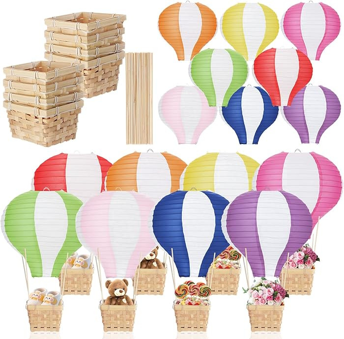 Meooeck 8 Sets Hot Air Balloon Table Centerpieces 11.8'' Paper Lanterns Woven Baskets with Sticks... | Amazon (US)
