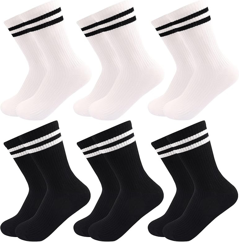6 Pairs Solid Color Retro Stripe Crew Socks Casual Striped Socks for Women Girls | Amazon (US)