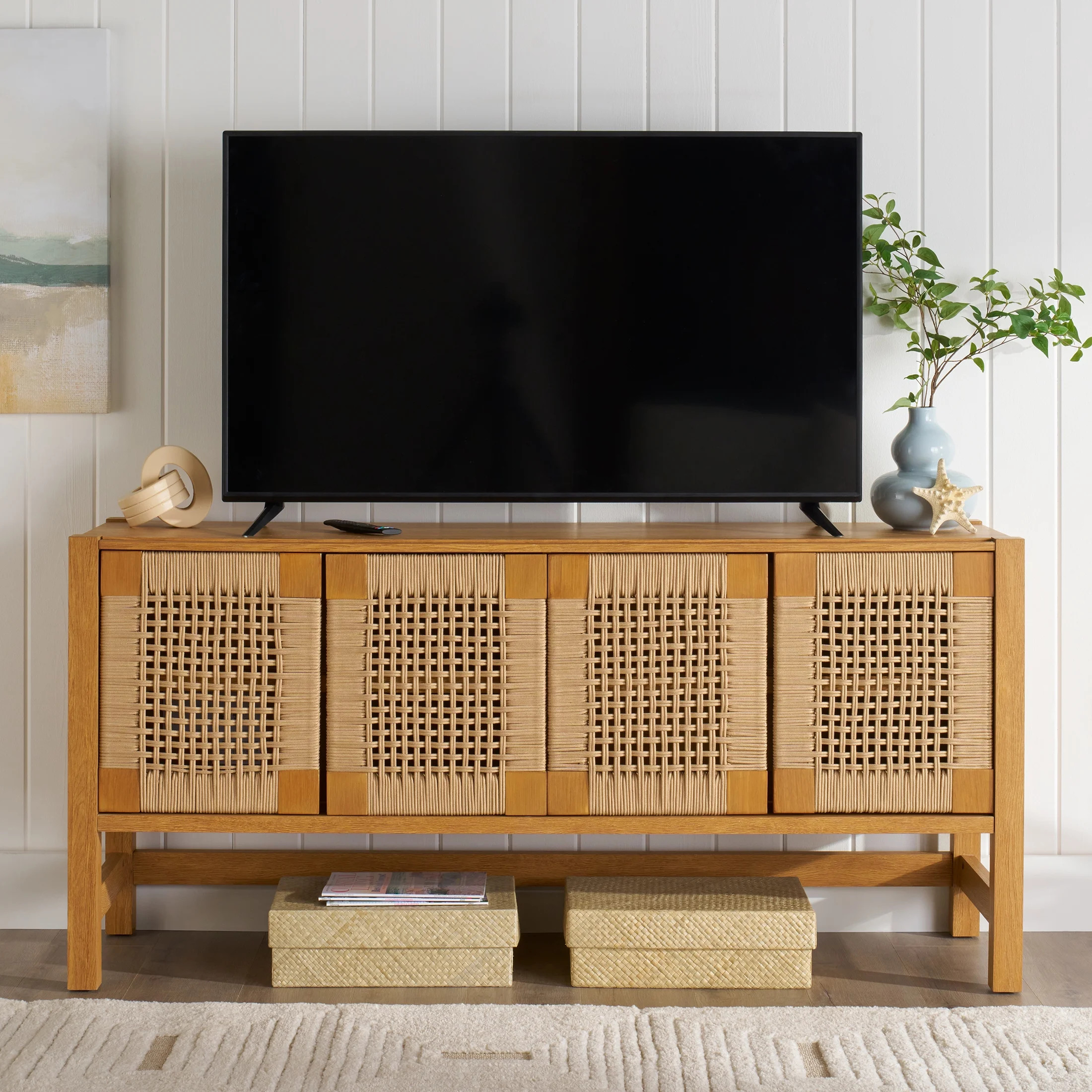 Better Homes & Gardens Vista Woven Coastal TV Stand for TVs up to 65", Light Honey | Walmart (US)