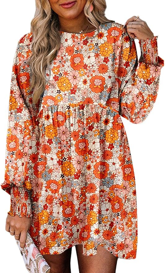 Dokotoo Womens Fall Dress 2025 Long Sleeve Babydoll Mini Dress Floral Flowy Boho Dresses | Amazon (US)