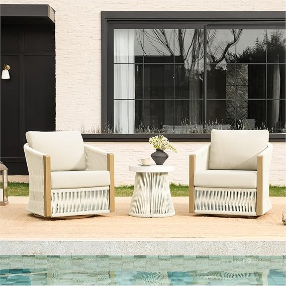 CHITA 3 Pieces Boho Patio Rattan Bistro Set, Outdoor Wicker Furniture Swivel Chairs and Side Tabl... | Amazon (US)