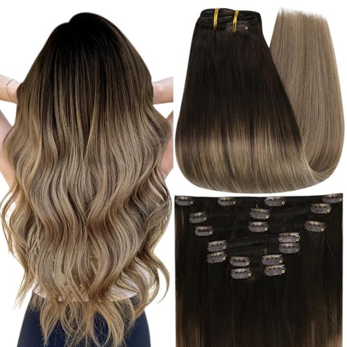 Full Shine Clip in Hair Extensions Ombre Human Hair Dark Brown to Ash Brown With Blonde Real Hair Extensions Clip ins Remy Extensions 14 Inch 7Pcs Invisible Hair | Amazon (US)