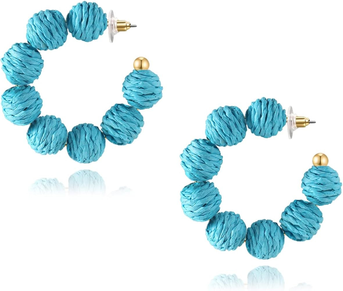 Rattan Earrings Summer Boho Raffia Ball Hoop Dangle Earrings for Women Girls Lightweight Straw Wi... | Amazon (US)