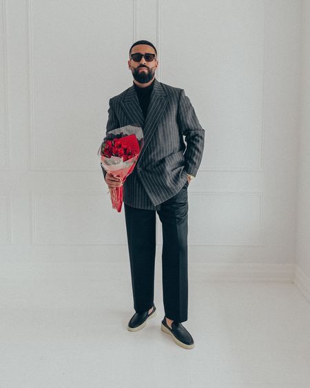 FEAR OF GOD Pinstripe Blazer in ‘Charcoal/Black’ (size 48), Turtleneck Long Sleeve shirt in ‘Black’ (size M), Double-Pleated Trousers in ‘Black’ (size 48), and The Loafer in ‘black leather’ (size 41). FEAR OF GOD x GREY ANT glasses. A relaxed and elevated men’s look that’s perfect for a date night out or a day at the office. Pieces from this look are currently on sale up to 60% off in limited quantities. 

#LTKmens #LTKsalealert #LTKstyletip