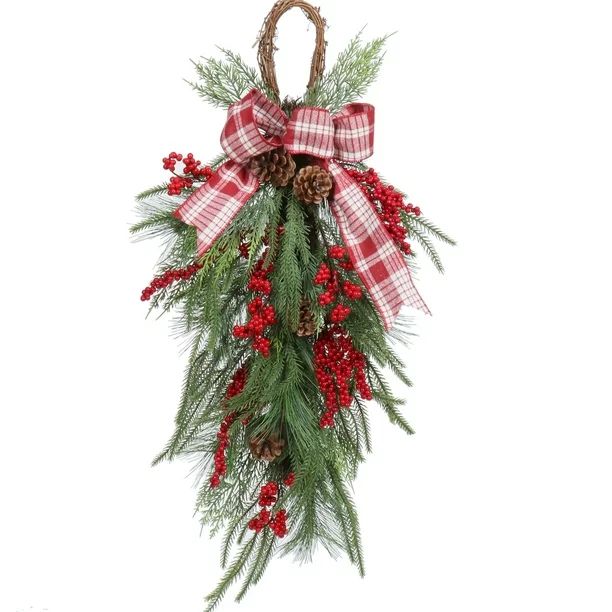 Holiday Time Pine cone Red Berry With Plaid Bow Evergreen Christmas Swag, 32" | Walmart (US)