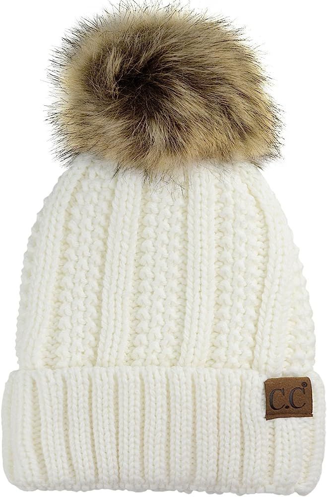 Thick Cable Knit Faux Fuzzy Fur Pom Fleece Lined Skull Cap Cuff Beanie | Amazon (US)