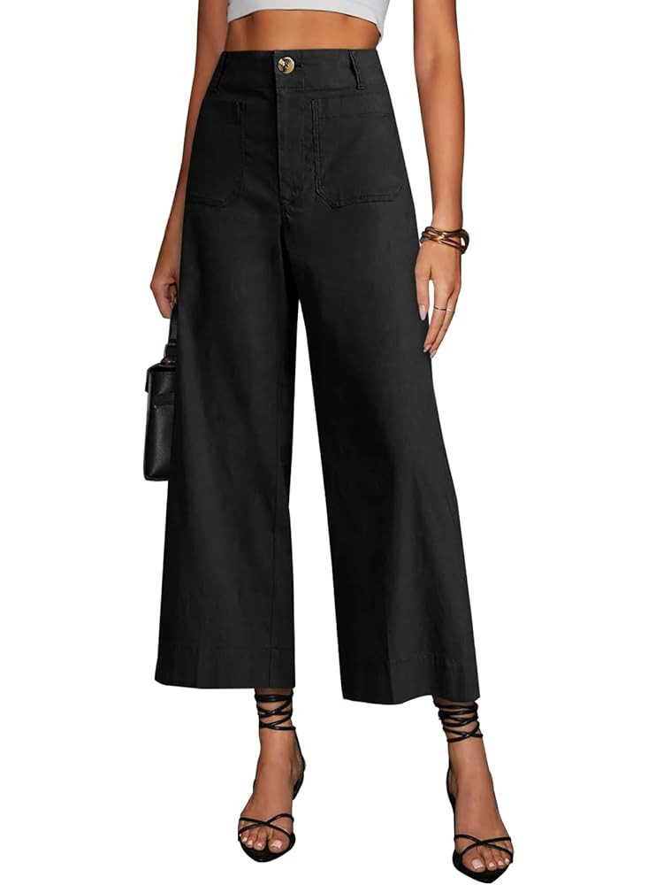 miduo Womens High Waisted Cropped Wide Leg Stretchy Straight Pants Trousers with Pockets | Amazon (US)