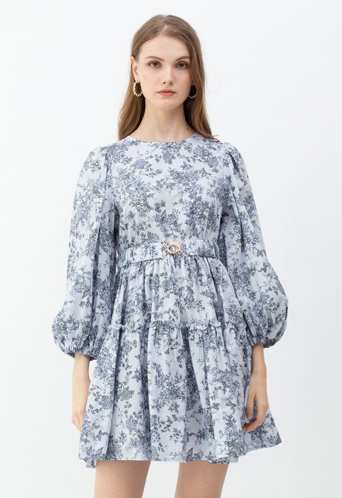 Blue Floral Printed Belted Dress | Chicwish