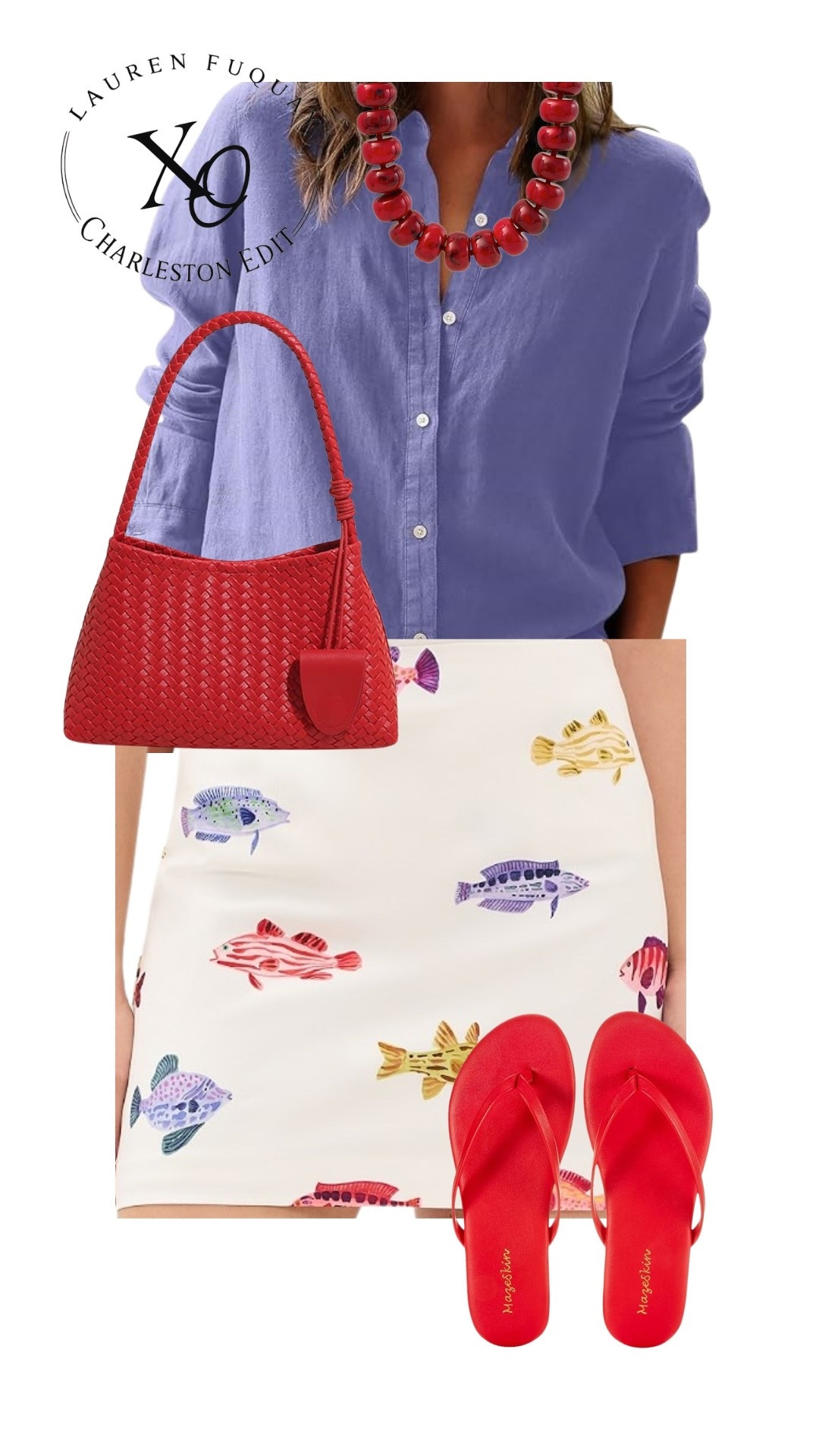 A little coastal, a little colorful, and so Charleston. ❤️🐟

SIZING: Small in top, XS in skirt, shoes true to size 

This playful coastal look is one I’m packing for Charleston. A breezy periwinkle linen button-down paired with a whimsical fish-print skirt, bold red flip-flops, a woven red handbag, and a statement beaded necklace creates an effortless outfit that’s perfect for shopping, waterfront lunches, or wandering King Street.

If you’re searching for Charleston outfit ideas, Charleston vacation outfits, coastal chic style, colorful resort wear, linen button-down outfits, fish print skirt, coastal grandmother style, nautical fashion, red flip-flops, statement necklaces, weekend getaway outfits, Southern summer style, vacation fashion, and elevated casual outfits, this look is such a fun take on classic coastal dressing.

#LTKootd #LTKTravel #LTKgrwm