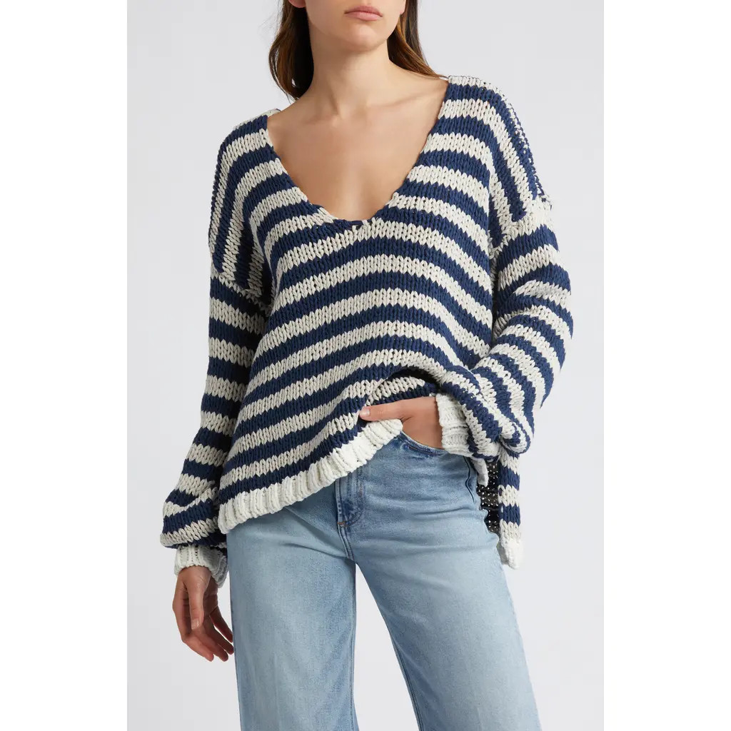 Free People Portland Stripe Cotton Sweater in Denim Island Combo at Nordstrom, Size X-Large | Nordstrom